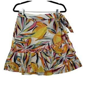 C&C California Wrap Mini Skirt Womens L Boho Resort Colorful Ruffle Embroidered